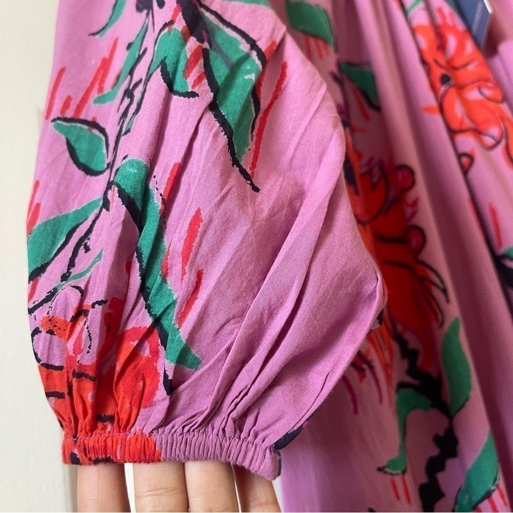 Ro’s Garden Vera Pink Floral Puff Sleeve Mini Dress Tie Waist Ruffle Hem Size M - Picture 11 of 16